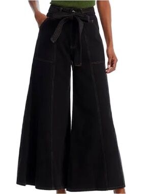 Farm Rio Wide Leg Black Pants with Contrast Stitching and Tie Belt